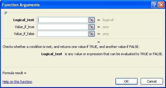 The Function Arguments dialog box will be displayed: Click on the Logical_test section of the dialog box and enter