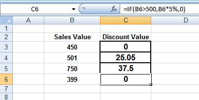 As the value in cell B3 is less than 500, the discount value is zero: Copy the formula in cell C3 to cells C4:C6 using the