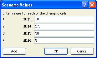 Excel 2007 Advanced - Page 78 Click on the OK button, and change the two cells in the Scenario Values dialog box as illustrated. I.e. in the $D$4 text box enter 2.5 I.e. in the $D$5 text box enter 30: Click on the OK button.