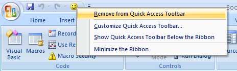 Removing a macro icon from the Quick Access Toolbar Right click on smiling face icon within the Quick Access Toolbar and from