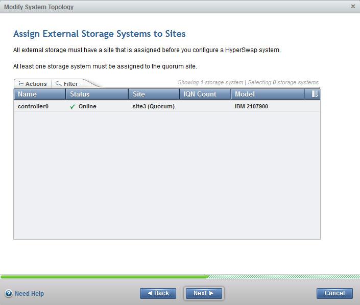 I Figure 3-8 Assigning storage to Quorum site - 3 7. In the next screen you have to set the bandwidth which is available between both sites and can be used by the system.