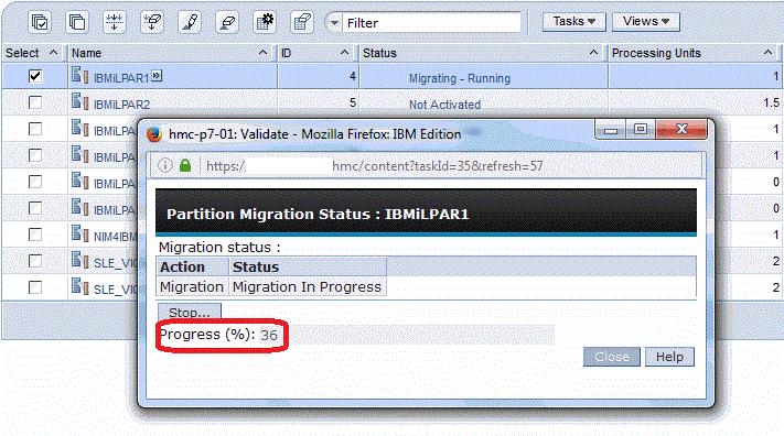 During migration, the progress status is shown in an HMC window,