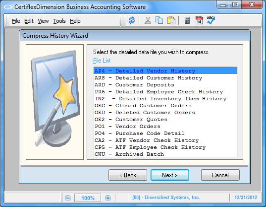 Compressing Data Files Compress Vendor History Compressing the vendor history allows you to have the system remove old vendor history transactions from the system's data files.