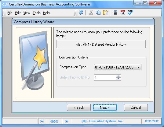 Compression Type: This selection allows you to define how many years of history transactions to remove from the vendor's files.