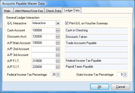 Ledger Data Select the Ledger Data tab to define the interaction between the Accounts Payable program and the General Ledger program.