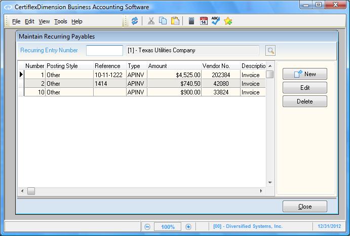 Maintain Recurring Payables This option allows you to define recurring expense transactions for automatic posting to the Accounts Payable and General Ledger files.