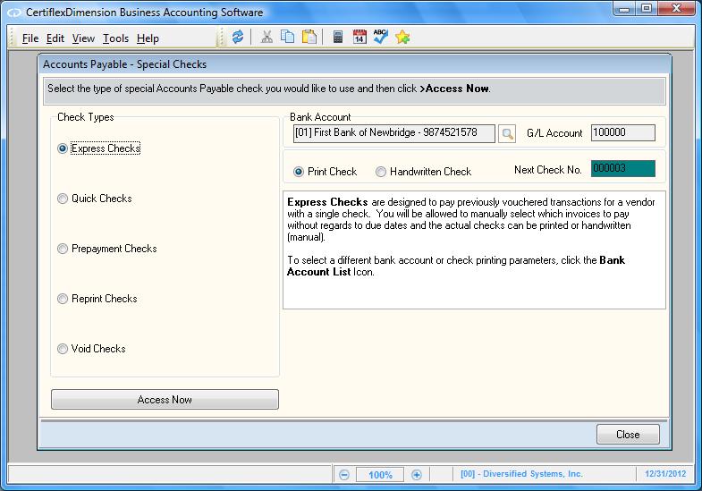 Special Checks The Special Checks program allows you to enter vendor checks that were handwritten or not generated by the CertiflexDimension Accounts Payable system using the Vendor Check or Direct