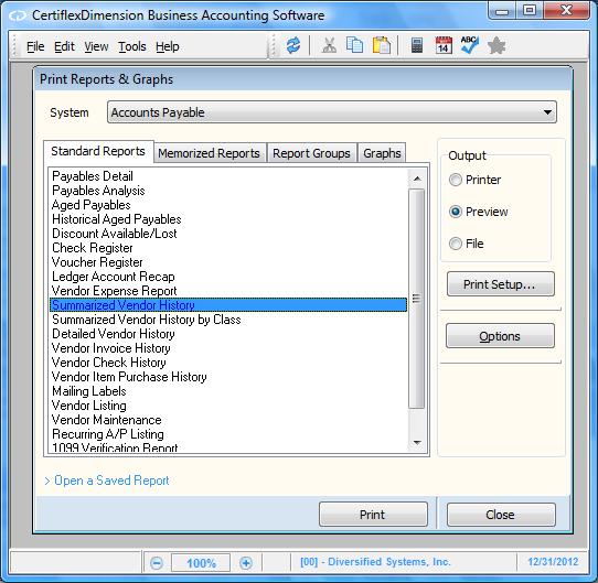 Reports - Accounts Payable Standard Vendor Reports Printing reports in CertiflexDimension is an easy, yet powerful portion of the program.