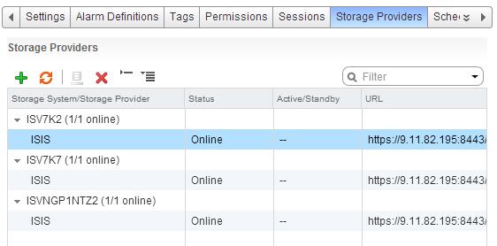 After the provider has been registered and the initial discovery is complete, the Storage Providers tab now displays the storage systems the VASA provider is providing information for.