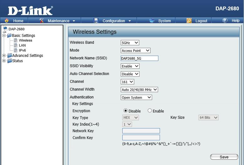 Wireless On the wireless settings page, you can setup the basic wireless configuration for the access point.