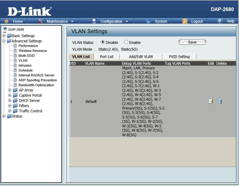VLAN The DAP-2680 supports VLANs. VLANs can be created with a Name and VID. Mgmt (TCP stack), LAN, Primary/Multiple SSID, and WDS connection can be assigned to VLANs as they are physical ports.