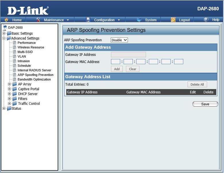 ARP Spoofing Prevention The ARP Spoofing Prevention feature allows users to add IP/MAC address mapping to prevent arp spoofing attack.