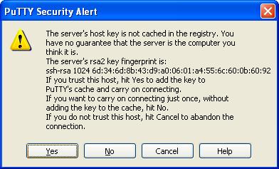 Connecting: First Time You will get the Security Alert popup the first time you connect. This is normal and is a feature of the SSH protocol.