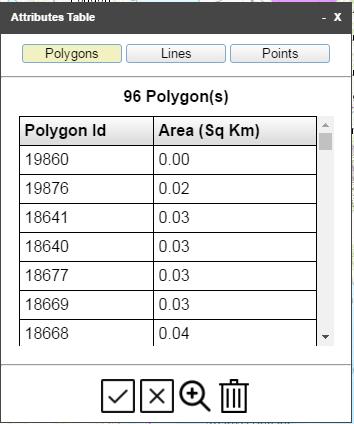 2 Use button(s) [Polygons], [Lines] or [Points] to display list of polygons, lines and points from your action Click on a single row in a table to select a single map feature.