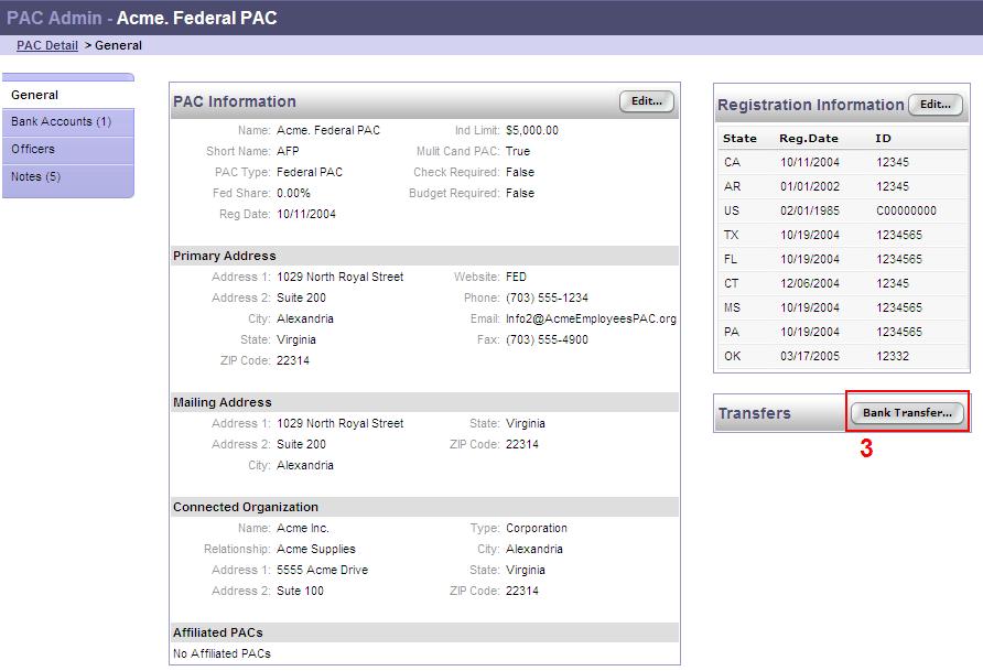 Funds Transfer 1. Mouse over PAC Admin and click PAC Details. 2.