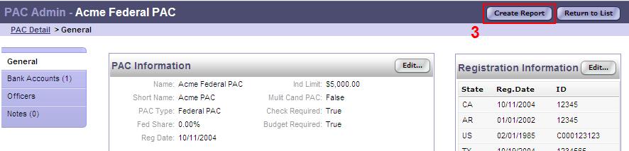 Create Bank Report 1. Mouse over PAC Admin and click PAC Details. 2.