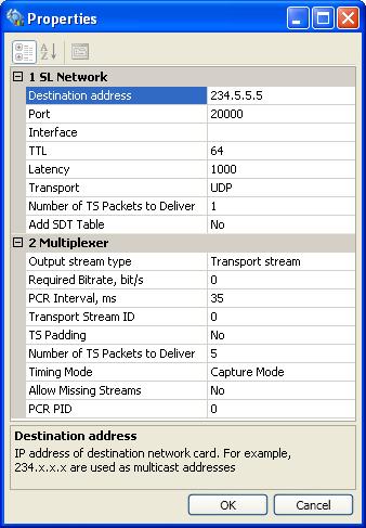Parameters of the selected device are configured in the Properties window.