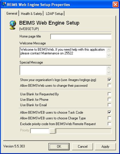3. The BEIMS Web Engine Setup Properties screen will open with the General Tab displayed.