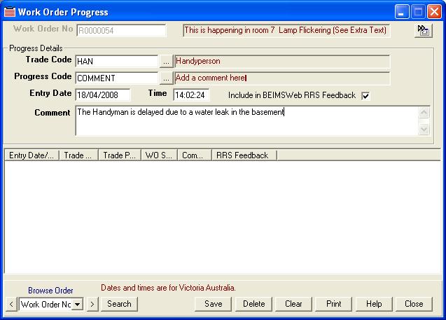 In this exercise we will add a progress record to the work order we have just created and view it in BEIMSWeb. 1.