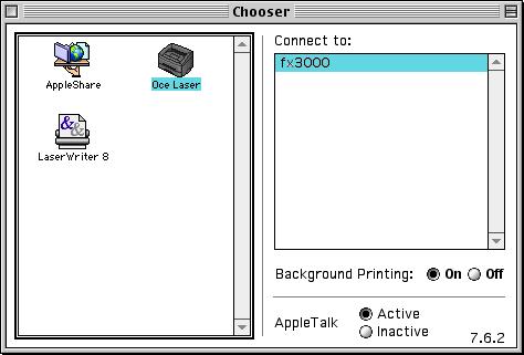 9 Click the Oce Laser icon. On the right side of the Chooser, choose the machine to which you want to print. Close the Chooser. The printer and scanner drivers have been installed.