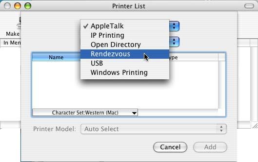 E Click Add. H Click Printer Setup Utility, then choose Quit Printer Setup Utility. For Mac OS X 10.2.4 to 10.3.x users Go to F For Mac OS X 10.4 users Go to G F Make the selection shown below.