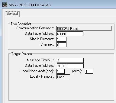 The MSG settings are as follows: This message will use 500CPU Read commands to read Target Node 1 and Data Address as N10:0; size is 1.
