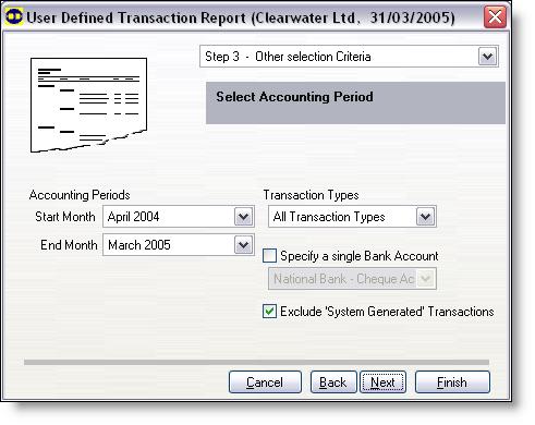 C H A P T E R 4 Reporting: monitoring your business Running User-Defined Transactions reports Step 3 Other Selection Criteria 1 Choose from the Start Month and End Month drop-down lists to set the