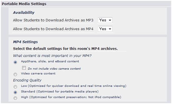 Portable Media Settings Overview The Portable Media Settings area allows Room Administrators to control the availability and content settings for MP4 and MP3 downloads of archived presentations.