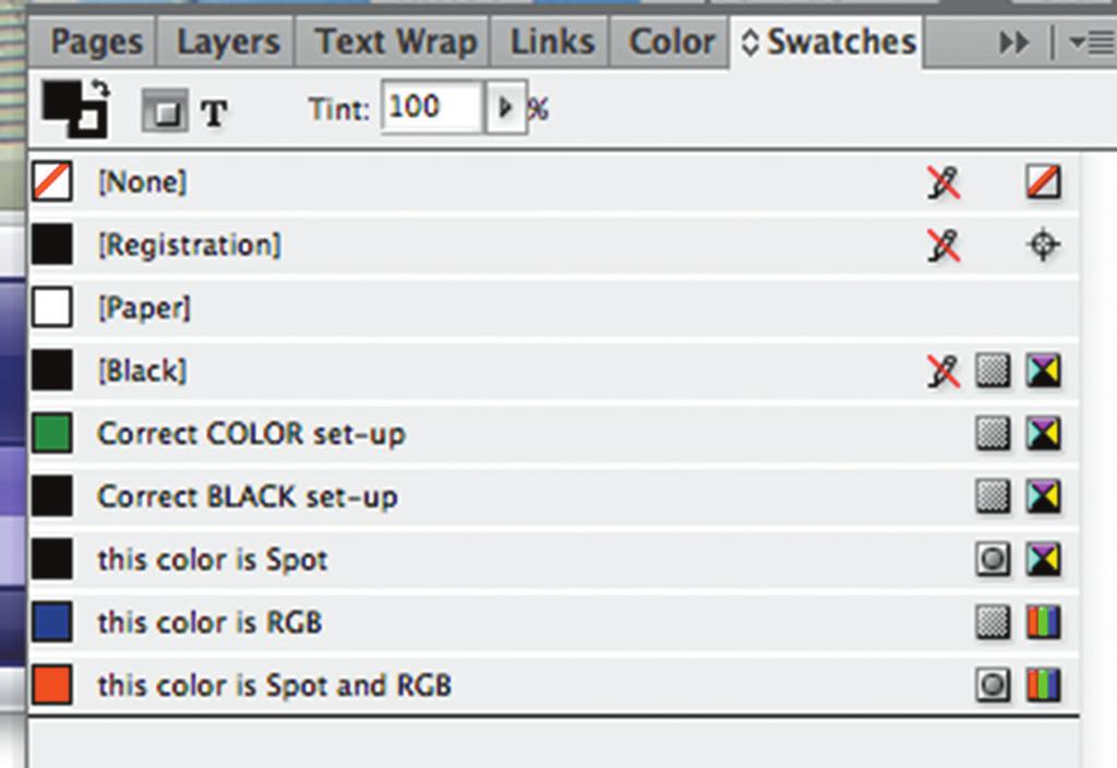 Here are some ways to check your files in InDesign and Adobe Acrobat Pro. 1. Check your color set-up in you Swatches window.