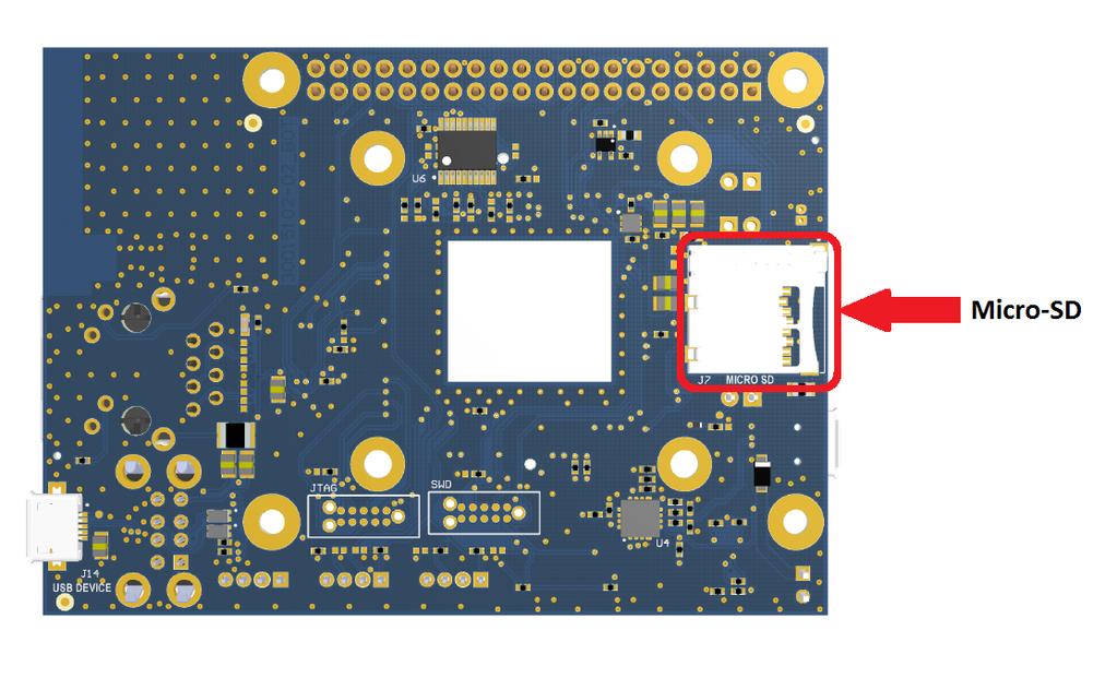 MicroSD MicroSD A microsd connector is located on the bottom of the board. This interface is connected to the USDHC2 controller of the i.mx6ul CPU.