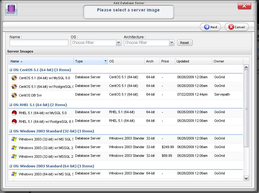 GoGrid Portal Add a Server 2009