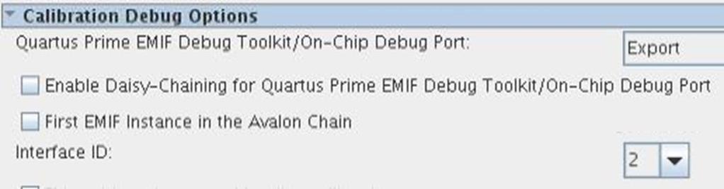 For the last EMIF IP core in the same column, select Export as the EMIF Debug Toolkit/On-Chip Debug Port mode.