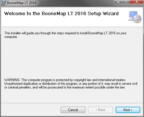 1.1 Installing the Program BooneMap LT 2016 uses Windows installer 3.1 to install the program on your computer.