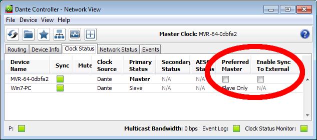 When the clock source is Dante ( DA ) the Enable sync to external option must not be set.