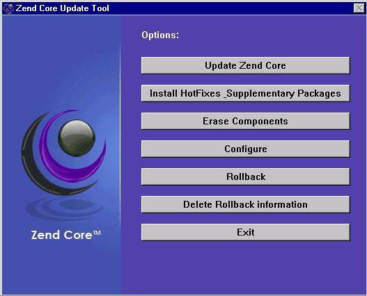 Figure: 29 - Updater Tool The Updater menu includes the following options: Update Zend Core - Get updates from Zend Network Install HotFixes & Supplementary Packages - Acquire updates in a secure
