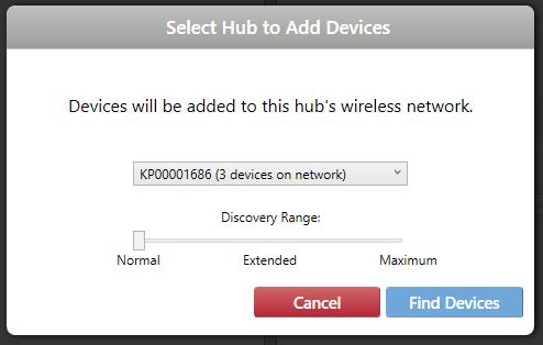 2 In the Select Hub to Add Devices box, designate an N4 with which to search. The N4 you select will search for any powered-on Ketra devices within a certain radius of itself.