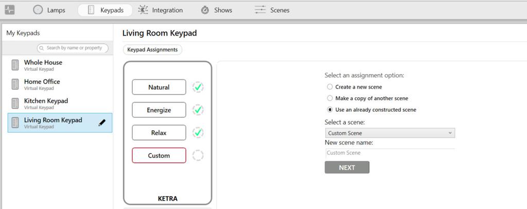 Assigning a Scene To assign a scene to one of your keypad buttons, follow these steps: 1 Select a keypad in the My Keypads panel at left, then select the button to program.