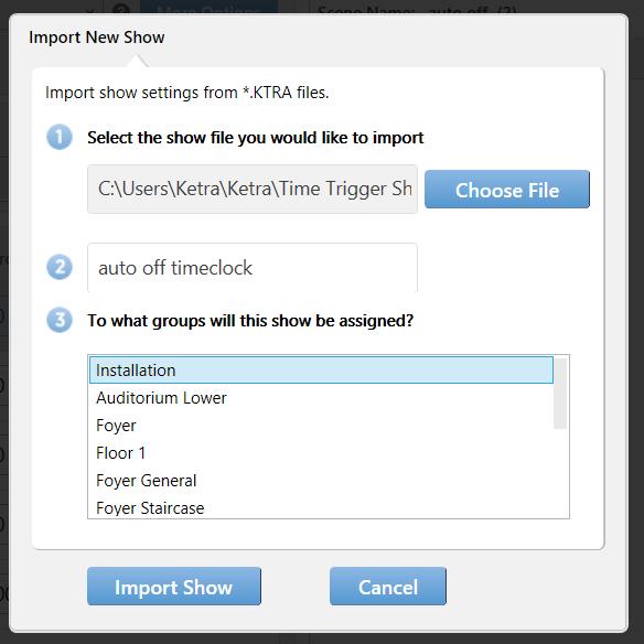 4 Select the highest-level group in the installation. This group will be the first in the list and will likely be named Installation or Office. 5 Click Import Show. Select "Auto Off Timeclock.