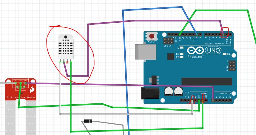 Now we are going to reconnect DHT22 sensor as follows: VCC = White wired pin number 3.3v on Arduino Uno board Data =Purple Digital pin number 2 on the Arduino board.