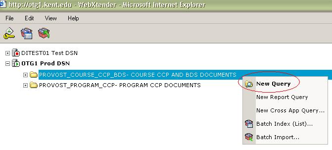 Using ApplicationXtender to View Archived Proposals August 2011 Page 4 of 12 Creating a Query Select from either Provost_Course_CCP_BDS or Provost_Program_CCP documents. a. Right click the first folder.