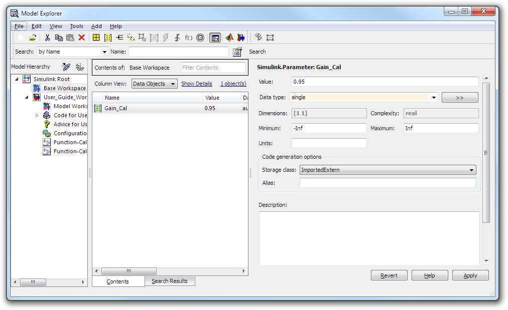 Ensure that the Inline parameter check-box is ticked within the Simulation and code generation section. Set the data type as required. Set the Storage class to ImportedExtern, as shown in Figure 120.