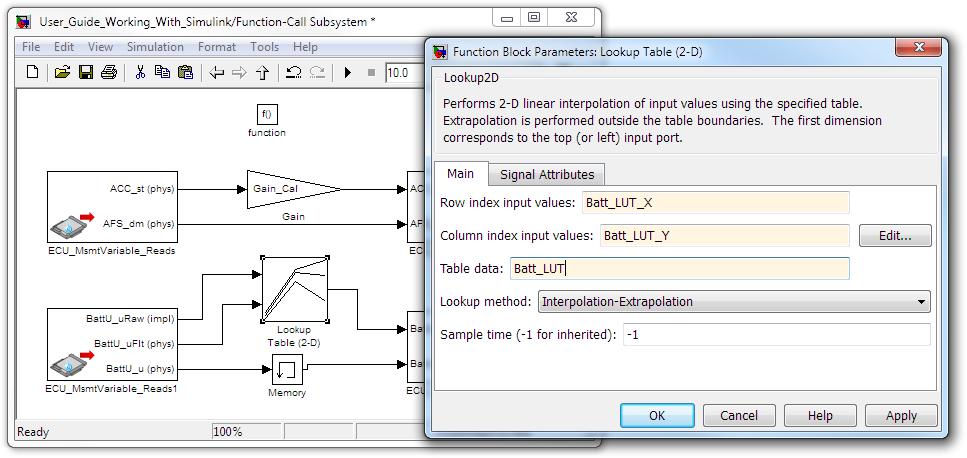 in Simulink with Lookup Table Blocks. For example, Figure 121 shows how to create a map calibration parameter called Batt_LUT.