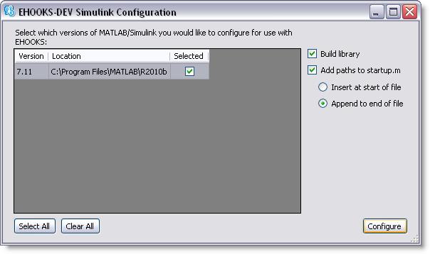 For each Simulink version which is selected with a check-mark in the Selected column the Simulink library can be built and the EHOOKS configuration added to the MATLAB startup startup.m file.