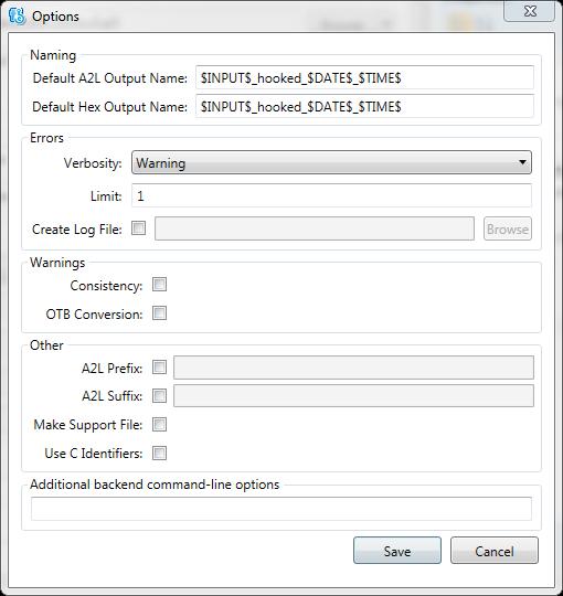 Figure 60: EHOOKS-DEV Options Dialog Note The build options are not saved with the EHOOKS project file, rather they are saved globally as part of the EHOOKS-DEV tool settings.