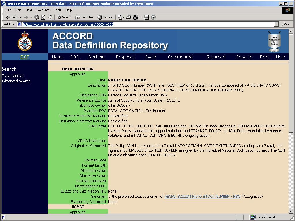 2 Current Situation (Paul) 2.1 The Data Dictionary The MOD has a sophisticated data dictionary developed in-house using a SQL Server database.