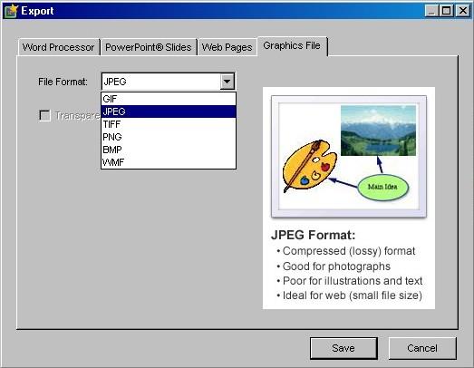 You can export outlines and diagrams to many different file formats 3) Click on the Graphics File tab Figure 33 Export options 4) Choose the required file format 5) Click Save 6) Select where you