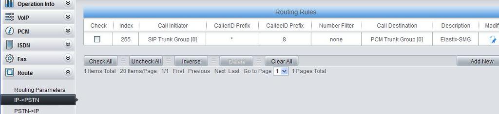 11) Click on Route\ IP->PSTN on the toolbar, call from the Elastix System will be