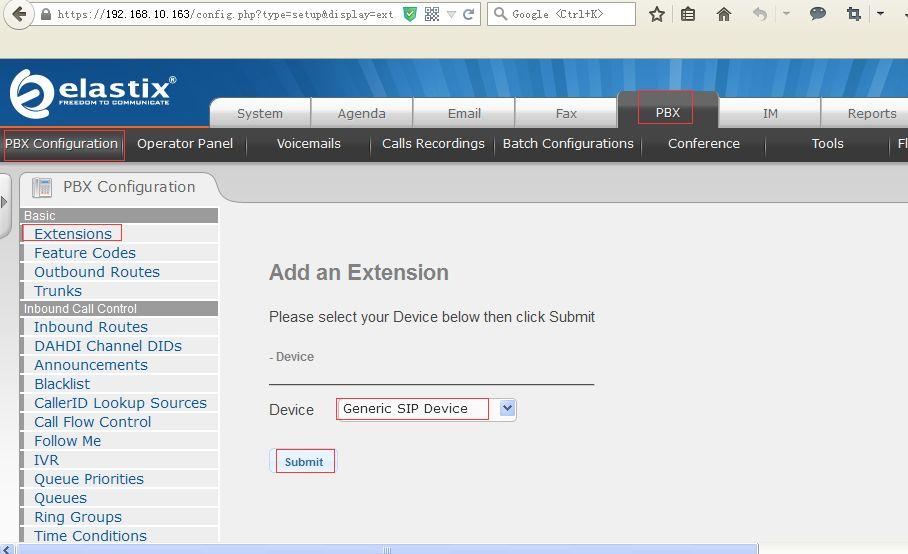 2) To add an extension, go to the PBX menu, which by default goes to to the PBX Configuration section, choose the option Extensions on the left panel, select device type as