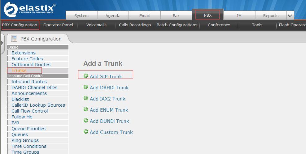 4) To add a Synway Digital Gateway as a Sip Trunk, click on Trunks