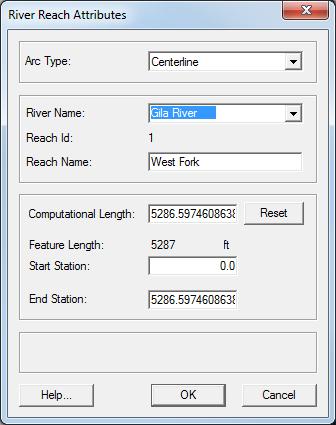 2. Using the Select Feature Arc tool, double-click on the centerline arc (the longest of the three arcs) to bring up the River Reach Attributes dialog (Figure 8). 3.